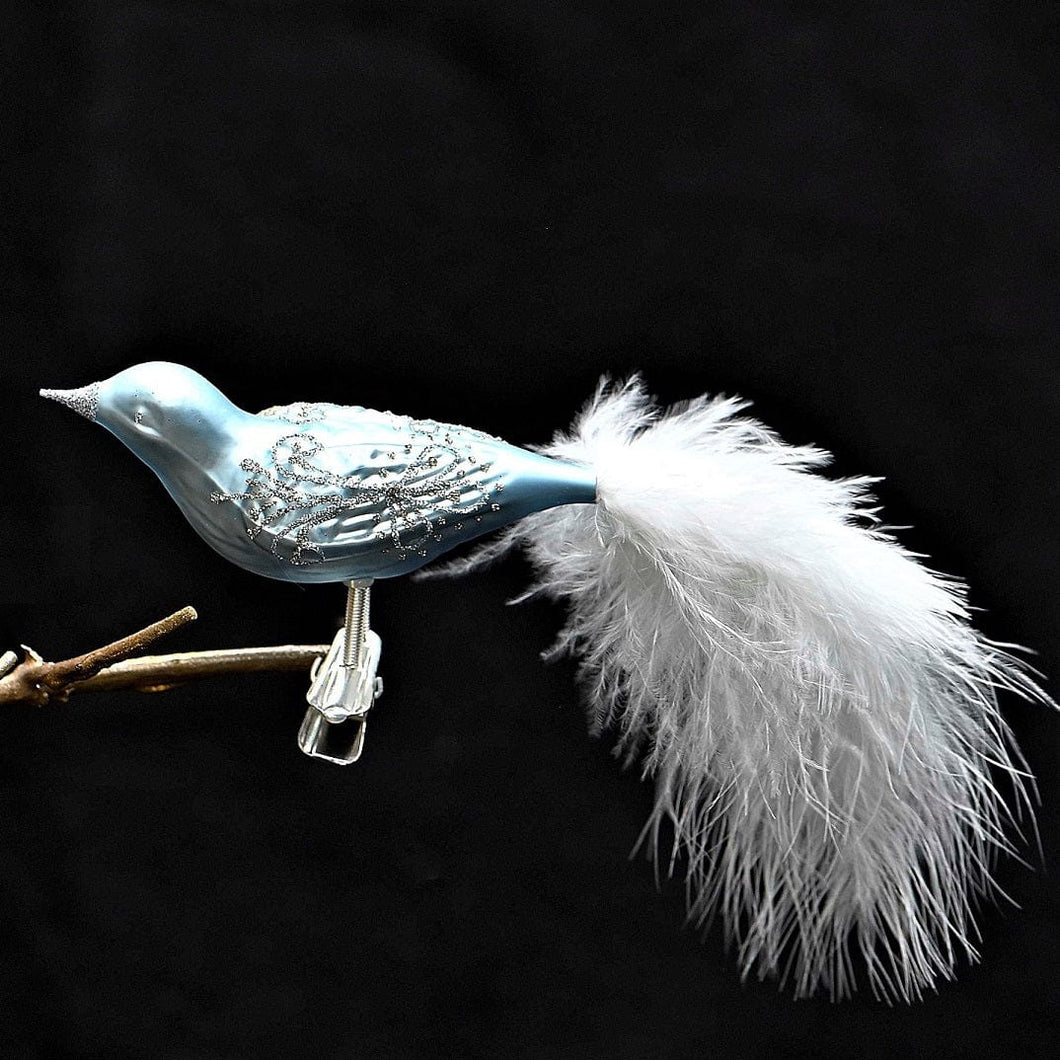 Traumhafter Vogel eisblau aus Glas auf Clip Mundgeblasener Weihnachtsschmuck Kunsthandel Rueckeshaeuser