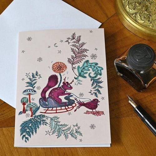 Weihnachtskarte mit Umschlag / Eichhörnchen auf Schlitten Weihnachtskarte Kunsthandel Rueckeshaeuser